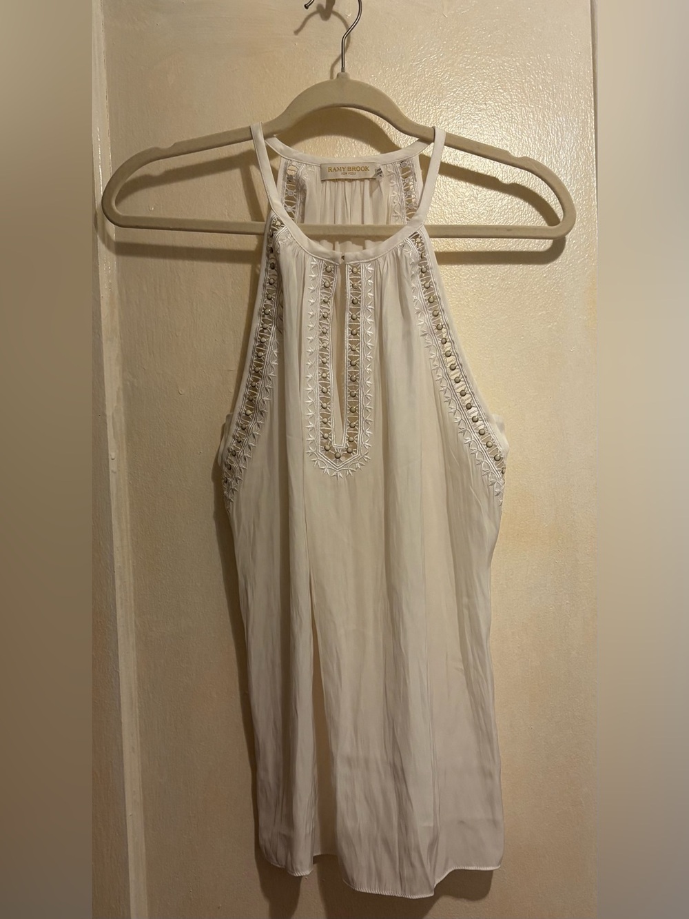 Ramy Brook White Embellished Sleeveless Silk Blend Halter Top Size Small